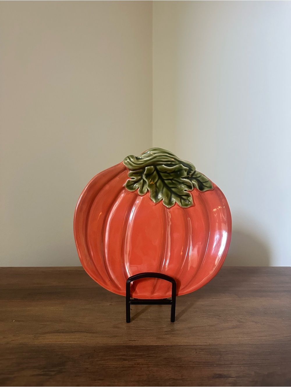 Orange Ceramic Pumpkin Serving Platter with Green Leaf Accent